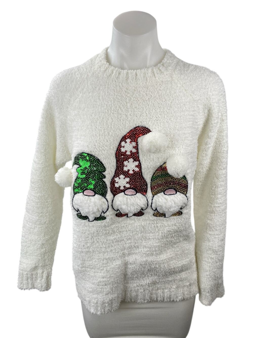 Merry Christmas by Poof White Gnomes Fleece Sequin Long Sleeve Sweater Top Sz M